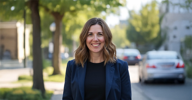 Kim Coshaw founder of Child Expert Network standing outdoors smiling on a sunny suburban street